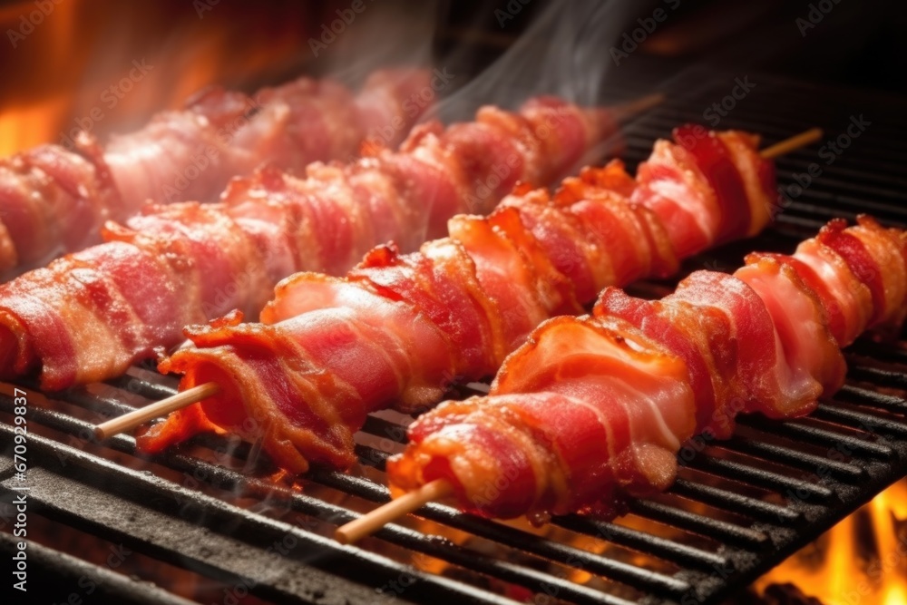 sizzling bacon skewers on a rotating grill