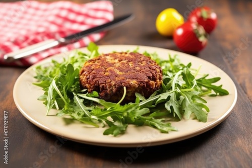 a beetroot burger with arugula on a ceramic plate
