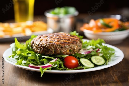 grilled veggie burger with overflowing fresh salad on side