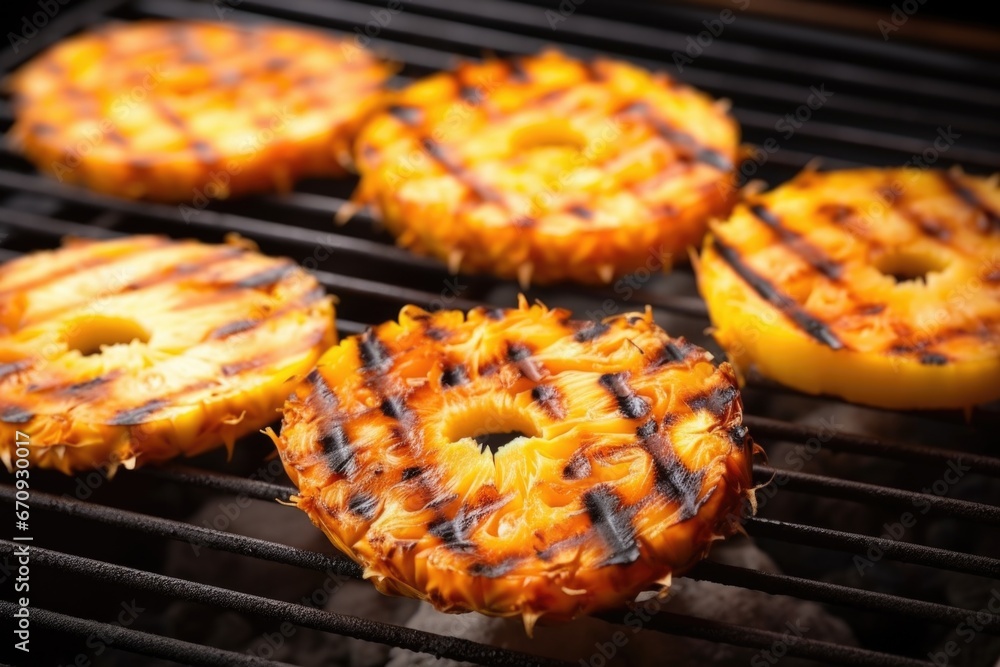 darkened pineapple slices on a charcoal grill darkened pineapple slices on a charcoal grill
