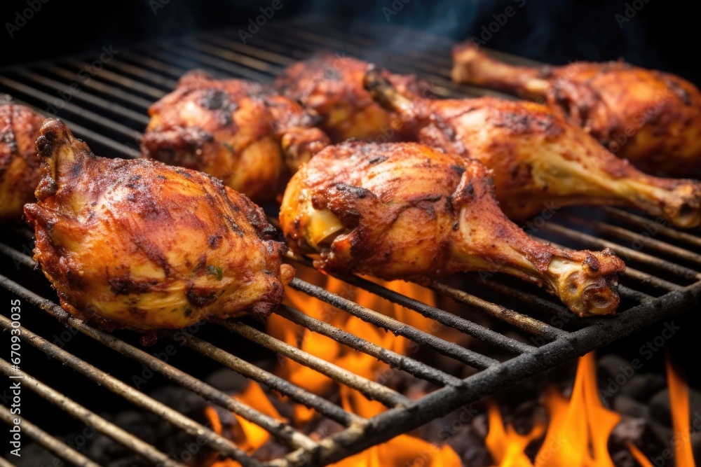 smoky jerk chicken drumsticks on a charcoal grill smoky jerk chicken drumsticks on a charcoal grill