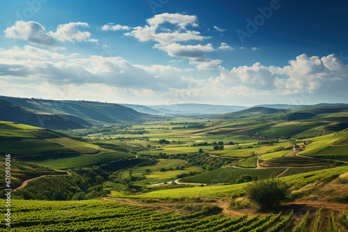 Vineyard during harvest season with ripe wine grapes as panorama background.