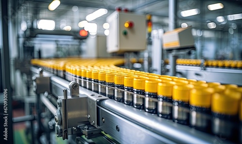 A Line of Vibrant Yellow Bottles Moving Along a Conveyor Belt