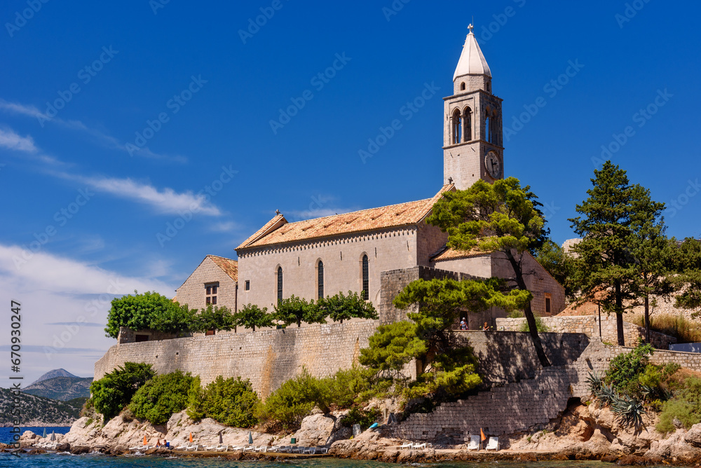 Lopud, Croatia - August 09, 2023: Church Holy Mary of Spilice, Lopud, Elaphiti Islands, Croatia