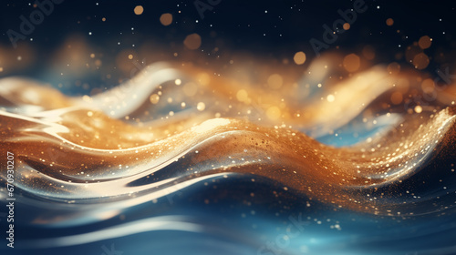 Blurred abstract lines with dark blue and gold particle, wave light on dark background. Christmas and New Year holidays template. Abstract glitter.