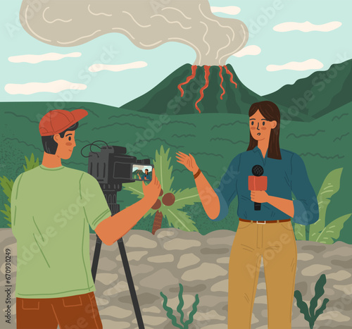 Journalist and cameraman creating reportage about volcano eruption