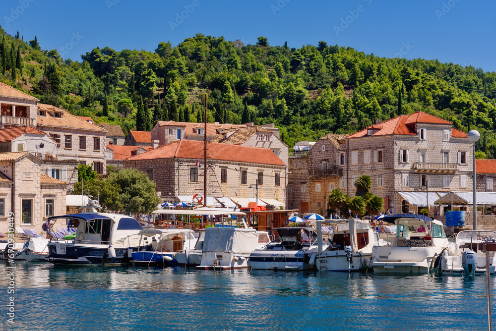 Lopud, Croatia - August 09, 2023: Village in Lopud island, Croatia. The Elaphiti Islands is a small archipelago consisting of several islands stretching northwest of Dubrovnik