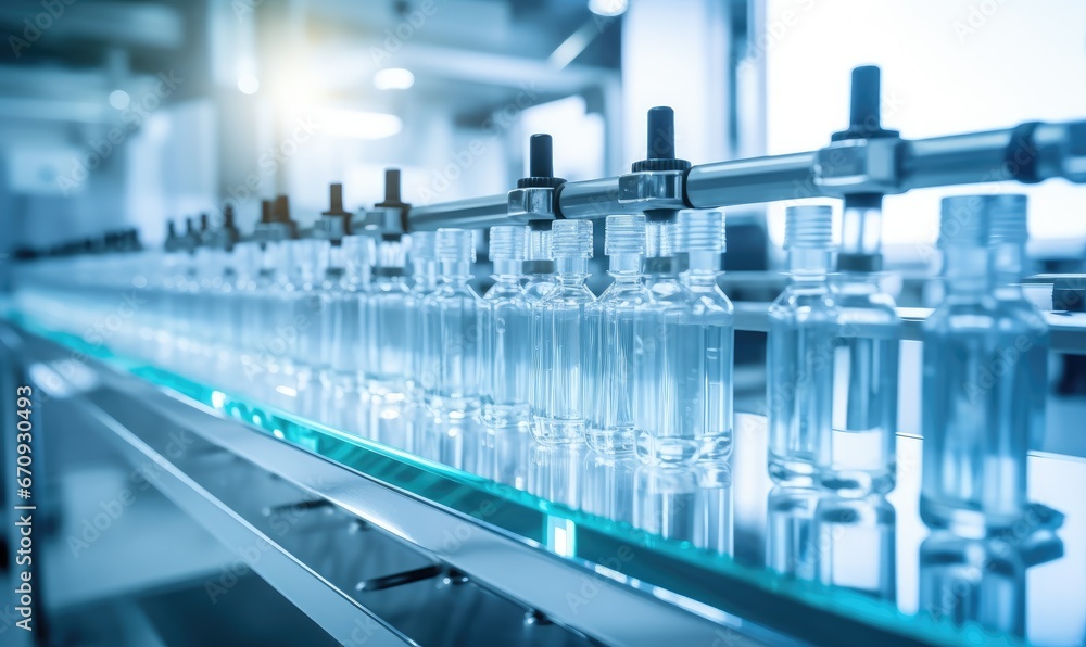 A Lineup of Filled Bottles on a Moving Conveyor Belt A Lineup of Filled Bottles on a Moving Conveyor Belt