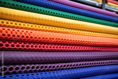 finished colored rubber mats in storage racks