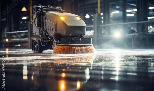 A Hardworking Sweeper in Action at a Spacious Warehouse