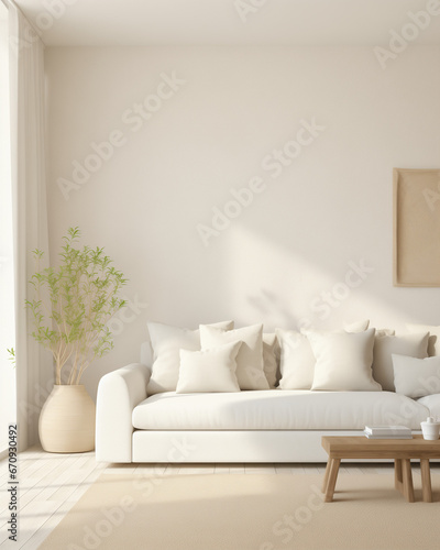 fresh contemporary living room  minimal interior  white furniture  white couch  in the style of cottagecore  beige  generative AI