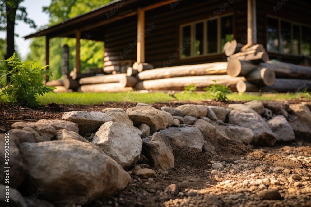 picture portraying the connection between nature and the stone footings of the wooden cabin picture portraying the connection between nature and the stone footings of the wooden cabin