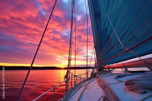 main sail and jib against a colorful sunset