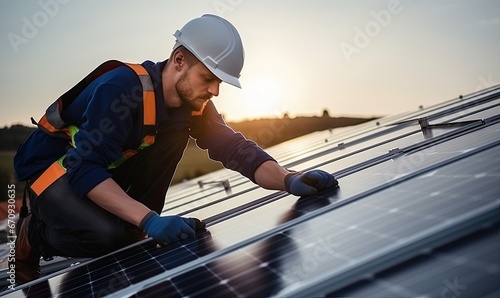 Man Installing Solar Panel on Rooftop photo