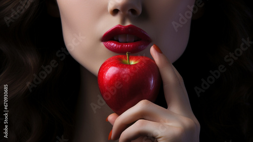 Beautiful woman's mouth biting an apple
