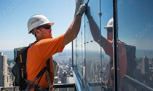 A Construction Worker in an Orange Shirt and Hard Hat on a Rooftop
