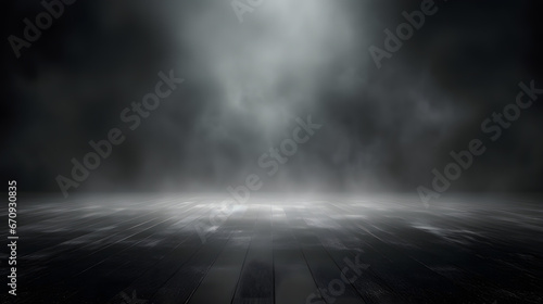 Empty background scene. Texture dark concentrate floor with mist or fog. Spectrum light color. Generative AI.