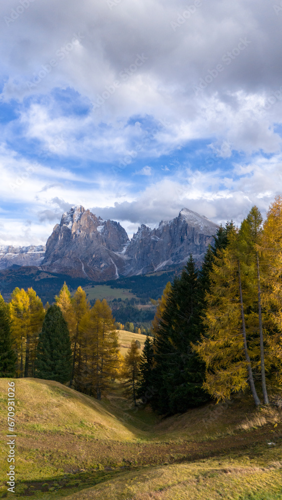 Panorama of the Seiser Alm in the Dolomites, Italy.