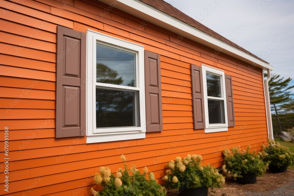 orange window shutters on a saltbox property