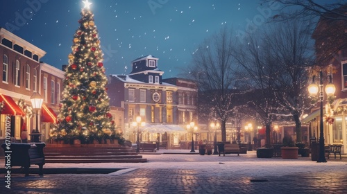  Christmas Tree Lighting Up Historic Gettysburg Town Square at Night - Winter Travel and Tourism Stock Image
