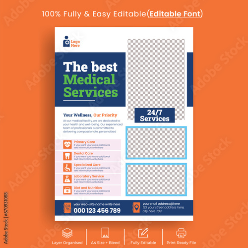 Editable Medical Healthcare print flyer or poster cover, clinic flyer, doctor flyer, dental poster, Hospital promotion flyer template backgroud design