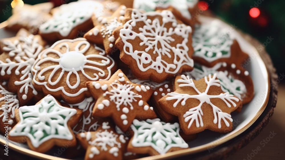 Holiday Delicacies: Top View of Mouth-Watering Decorated Christmas Cookies on Iced Background Holiday Delicacies: Top View of Mouth-Watering Decorated Christmas Cookies on Iced Background