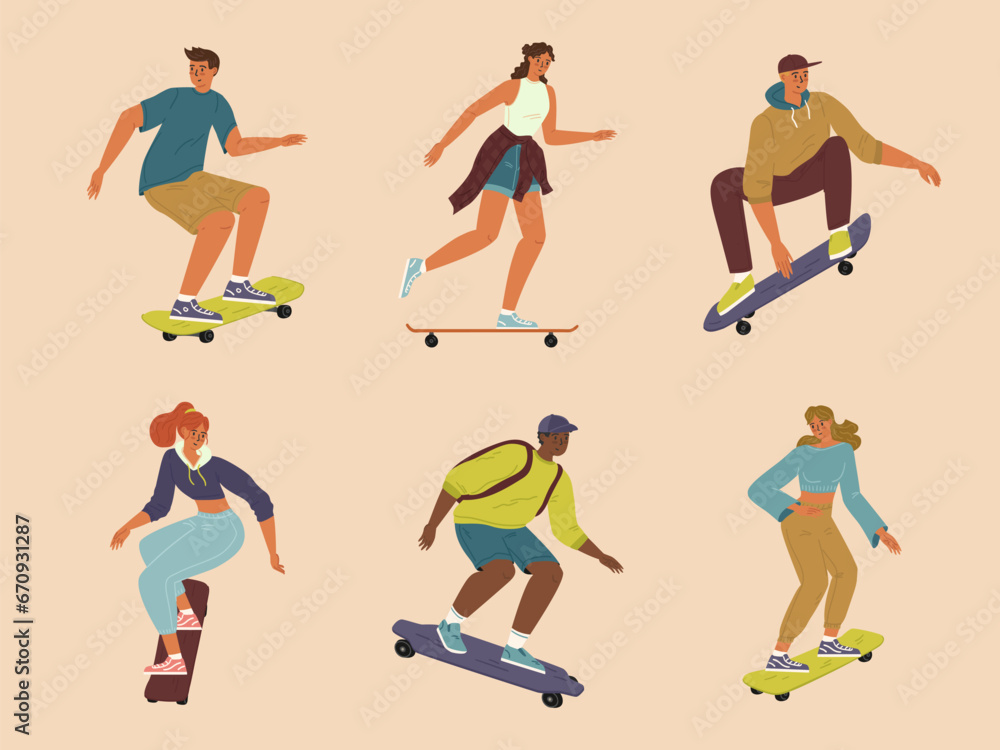Isolated set of diverse teenage boy and girl skateboarding Isolated set of diverse teenage boy and girl skateboarding