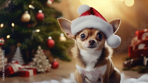  Fido  Illuminated Chihuahua Celebrates Christmas in Santa Hat Beside Tree.