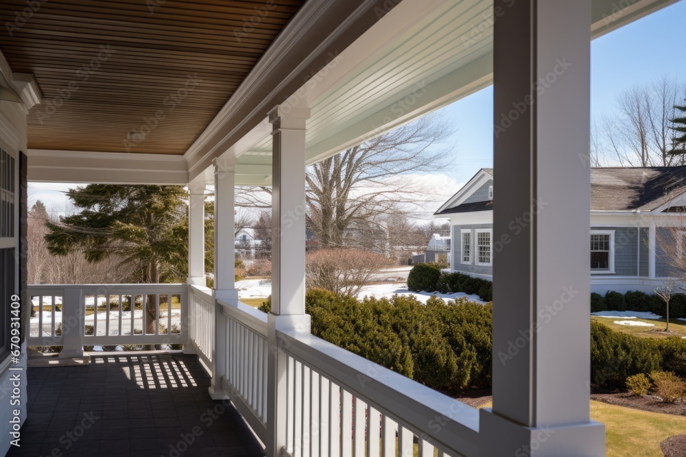 close up of a shingle-style homes veranda detailing close up of a shingle-style homes veranda detailing