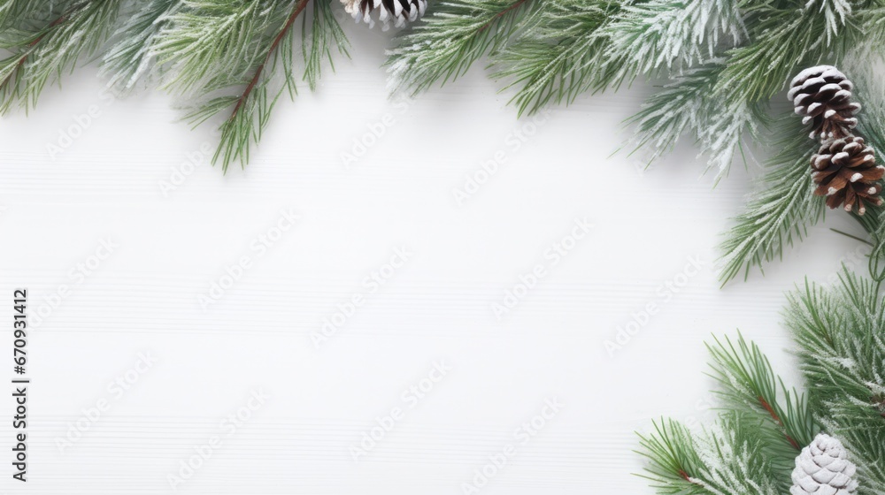 Frosty Foliage Christmas Banner with Fir and Eucalyptus on White Wooden Background Frosty Foliage Christmas Banner with Fir and Eucalyptus on White Wooden Background
