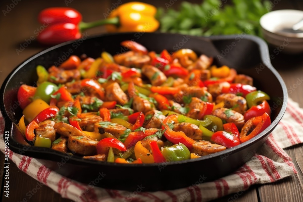 sausage links in skillet with red and green bell peppers