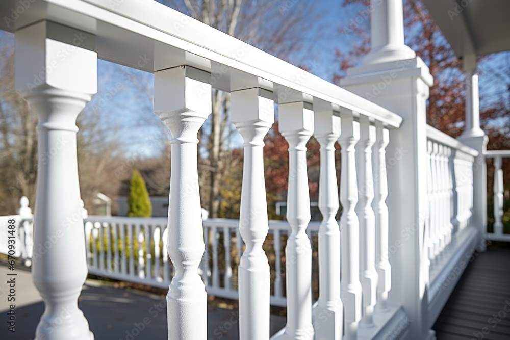 detailed shot of white handrails on a veranda - obrazy, fototapety, plakaty 