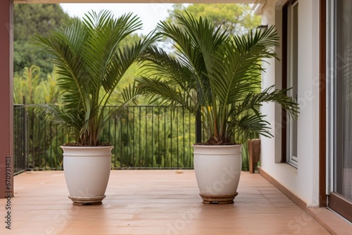 twin plant pots at the entrance of a wide veranda