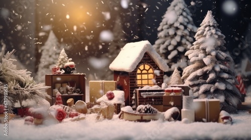 Overhead View of Miniature Christmas Tree and Seasonal Plants on White Background for Alternative Christmas Postcard Design