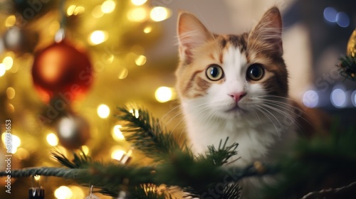 Playful and Naughty Kitten Climbing Green Christmas Tree with New Year's Ball Ornaments