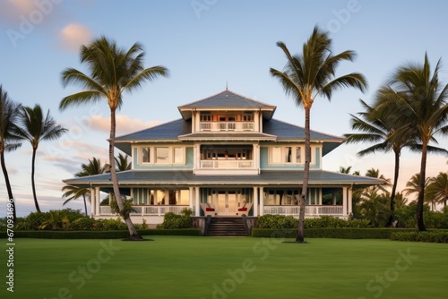 wide shot of a multi-story shingle-style house surrounded by palm trees, ocean in the rear © Alfazet Chronicles