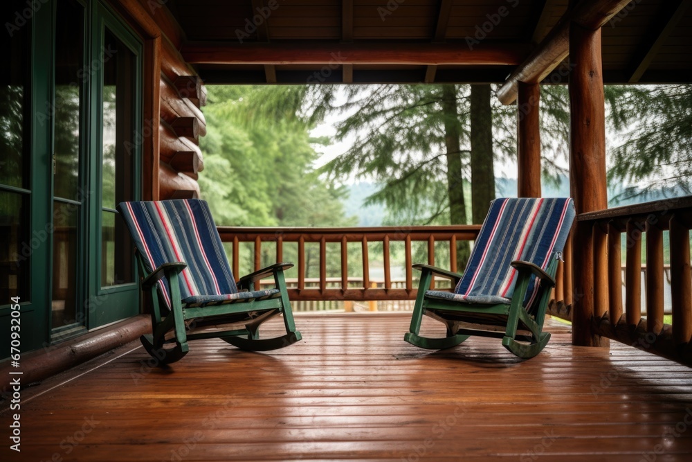 deck chairs arranged on log cabins porch