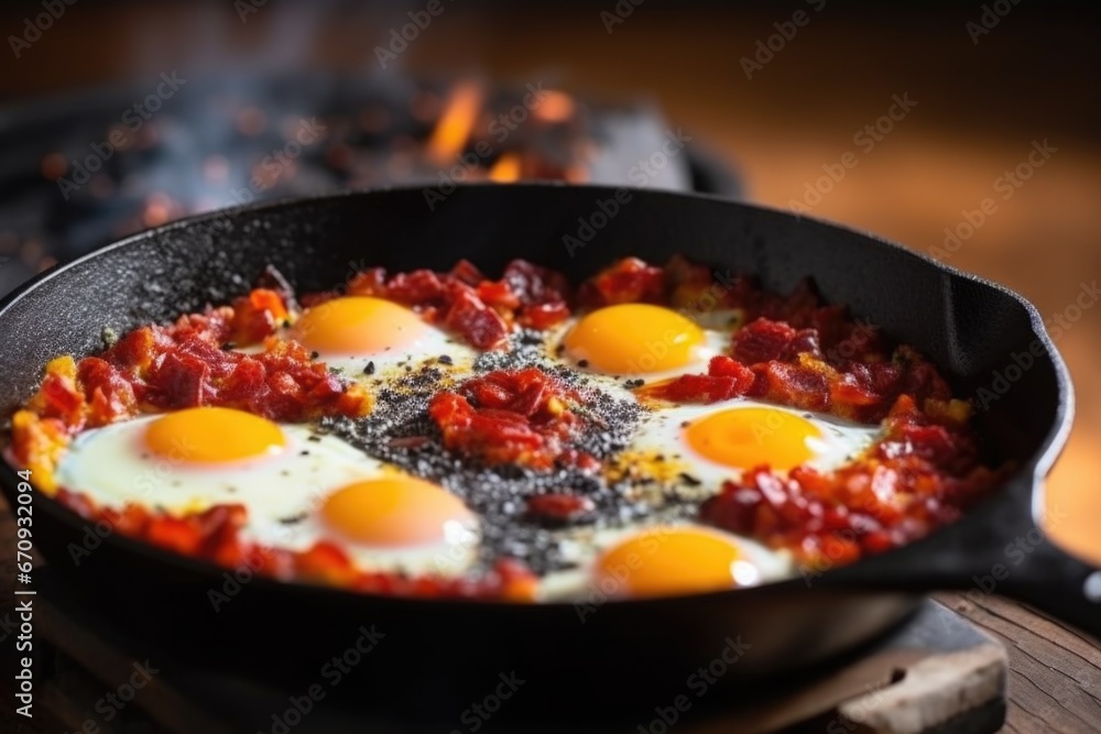 hand cracking black pepper corns over a ready shakshuka in a frying pan hand cracking black pepper corns over a ready shakshuka in a frying pan