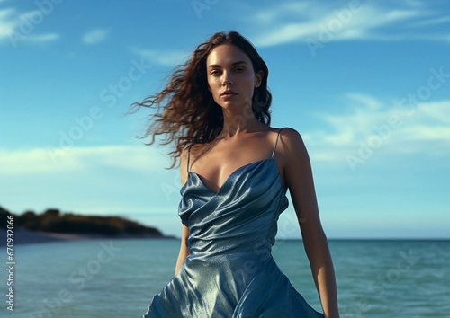 Fashion beautiful model woman standing in ocean water wearing blue luxury silk designer dress.Macro.AI Generative