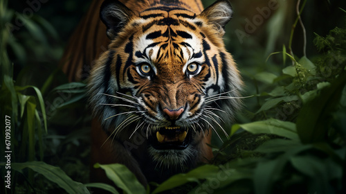 Tiger closeup portrait, safari shot. Bengal Tiger. Made with generative ai