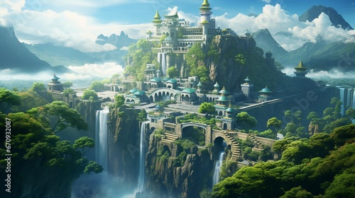 an isometric anime castle nestled on the edge of a cascading waterfall, surrounded by lush, terraced gardens and misty mountain peaks, as if captured by an HD camera.