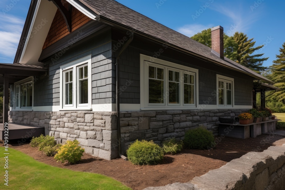 stone foundation supporting a classic shingle-styled house