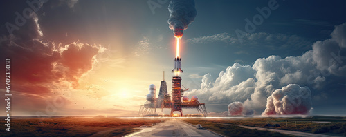 Space ship rocket launch, panorama photo.