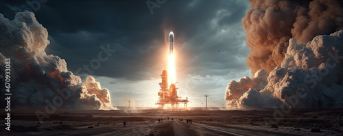 Space ship rocket launch, panorama photo. photo