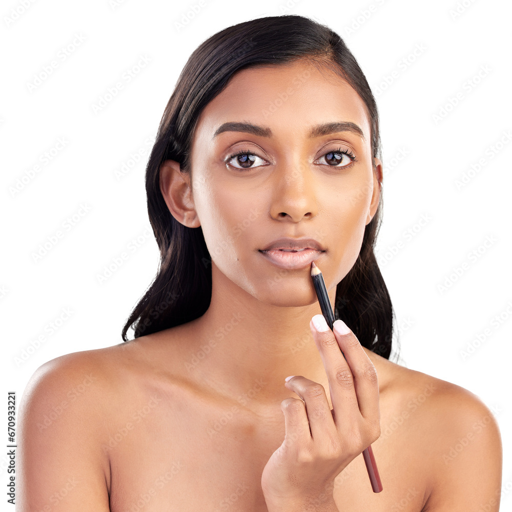Woman, portrait and makeup with beauty, lip liner or cosmetology with isolated on a transparent background. Indian female person, cosmetics pencil or model with png, lipstick or dermatology with glow Woman, portrait and makeup with beauty, lip liner or cosmetology with isolated on a transparent background. Indian female person, cosmetics pencil or model with png, lipstick or dermatology with glow