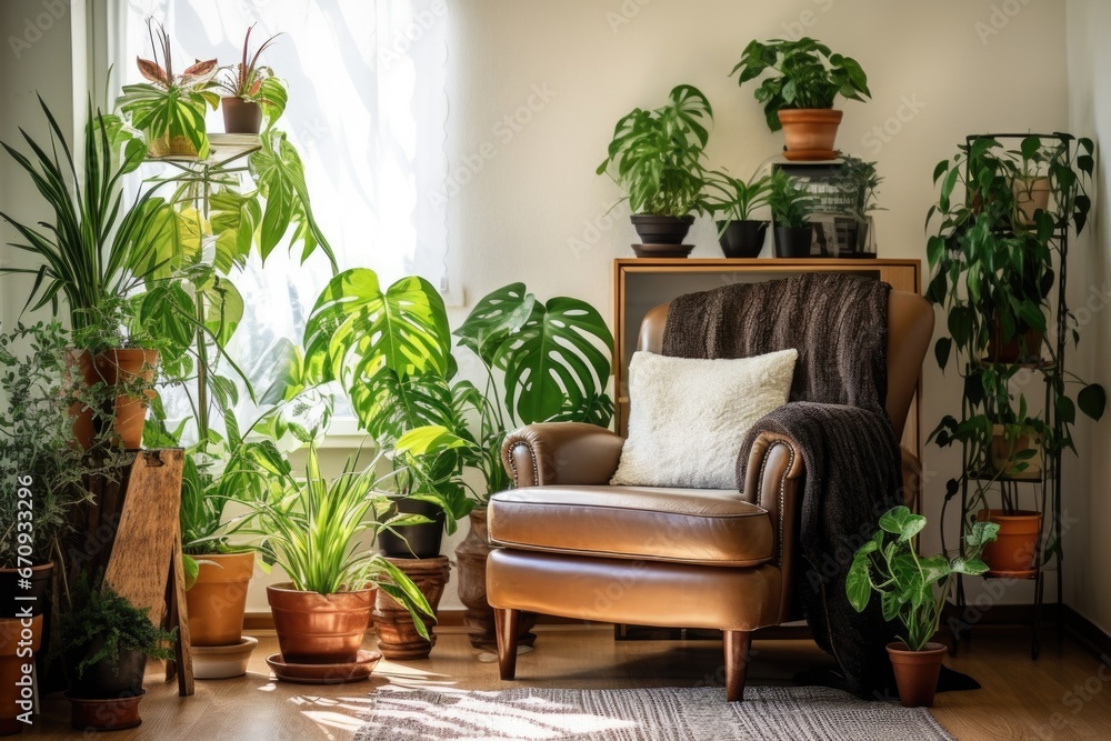 a well-lit corner filled with indoor plants and a comfy chair