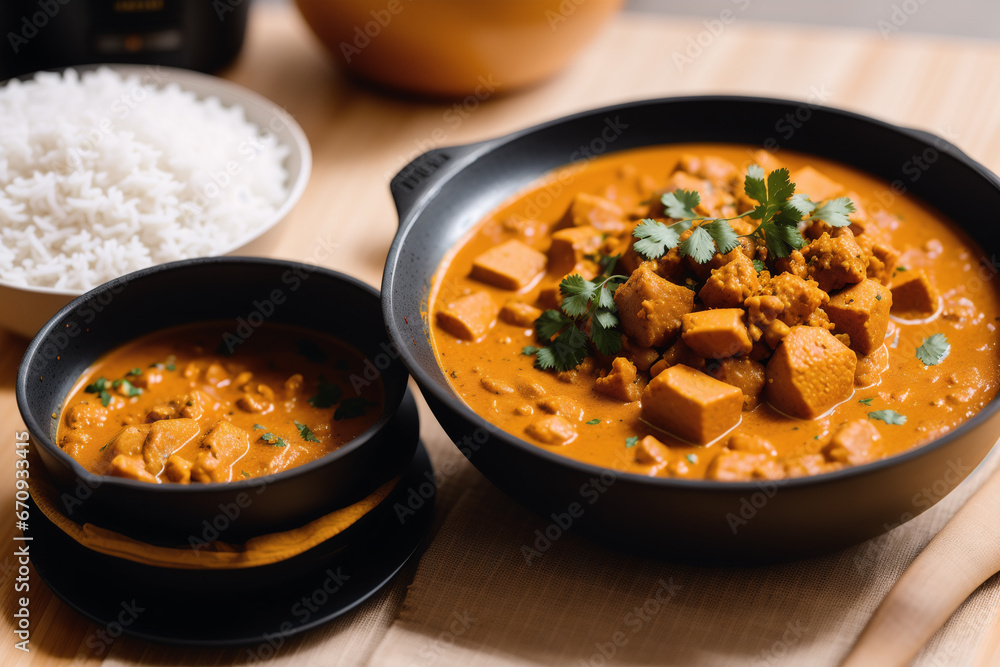 Curry with chicken and vegetables in a bowl on a wooden table. Gumbo. Vegetable soup. Seafood soup Generative AI Curry with chicken and vegetables in a bowl on a wooden table. Gumbo. Vegetable soup. Seafood soup Generative AI