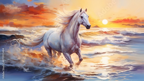 Fotografia phantasmal iridesant enchanting white horse galloping on a pristine beach during
