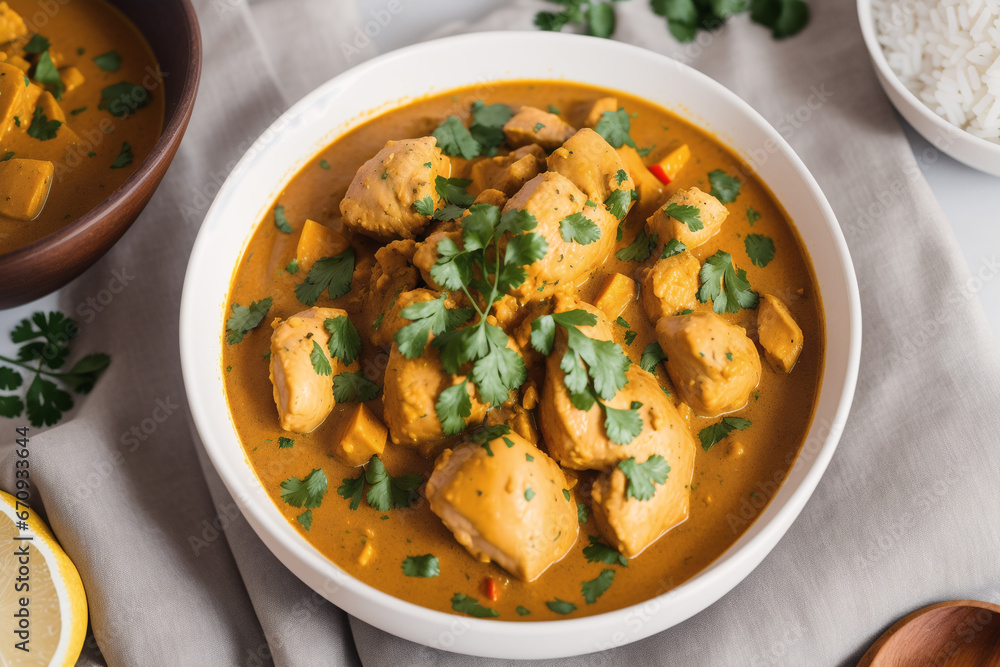 Curry with chicken and vegetables in a bowl on a wooden table. Gumbo. Vegetable soup. Seafood soup Generative AI Curry with chicken and vegetables in a bowl on a wooden table. Gumbo. Vegetable soup. Seafood soup Generative AI