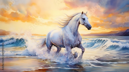 phantasmal iridesant enchanting white horse galloping on a pristine beach during a vibrant sunset  waves crashing  golden sand  a feeling of freedom and tranquility  Artwork  watercolor painting